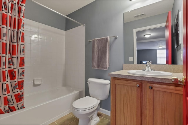 full bathroom featuring vanity, toilet, tile patterned floors, shower / bathtub combination with curtain, and visible vents