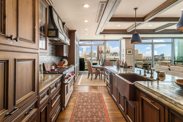 kitchen featuring a view of city, a sink, dark wood-style flooring, and double oven range