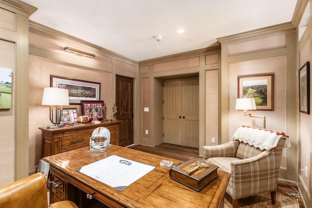 office space with crown molding and wood finished floors