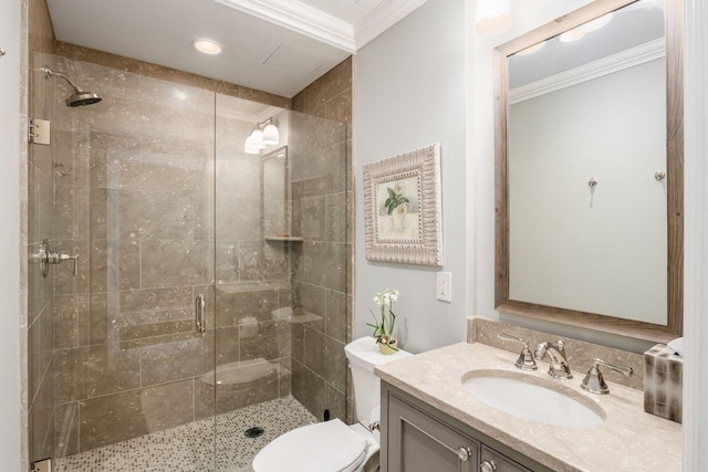 full bathroom featuring vanity, ornamental molding, toilet, recessed lighting, and a stall shower