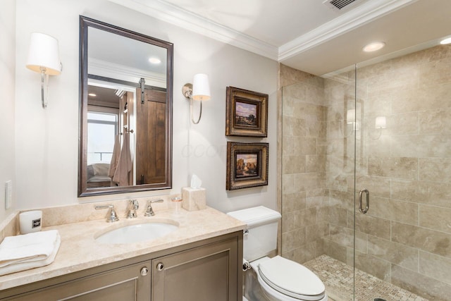 bathroom featuring vanity, toilet, recessed lighting, ornamental molding, and a stall shower
