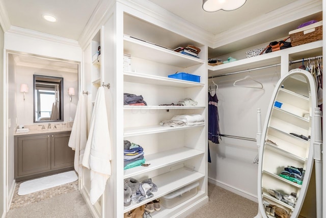 spacious closet with light carpet and a sink