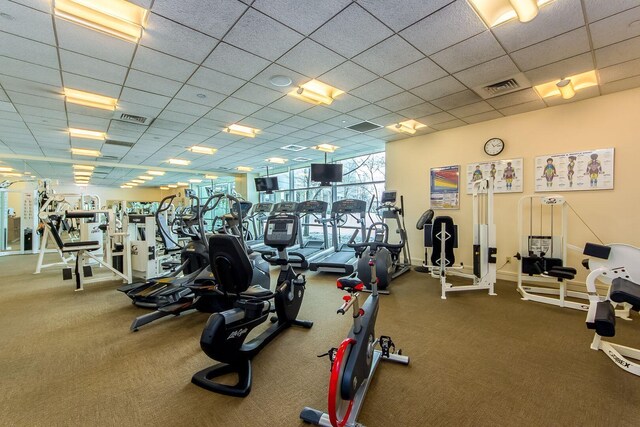 1 Miranova Pl Unit 2230, Columbus, OH 43215 - gym with baseboards, a drop ceiling, carpet flooring, and visible vents