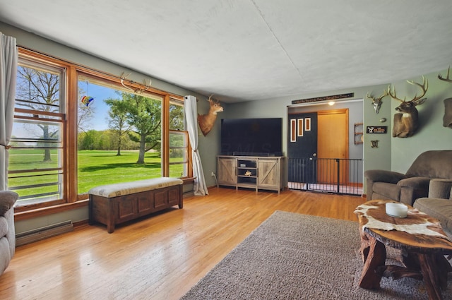 living room with a baseboard heating unit and light wood finished floors