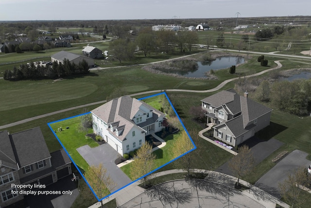 7595 Skarlocken Grn, New Albany, OH 43054 - aerial view of residential area featuring property boundaries highlighted and a nearby body of water