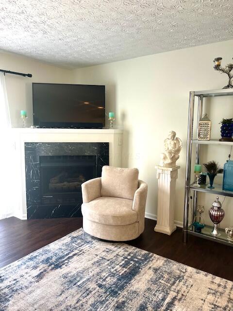 4708 Parrau Dr Unit 60D, Columbus, OH 43228 - sitting room featuring a textured ceiling, wood finished floors, baseboards, and a high end fireplace