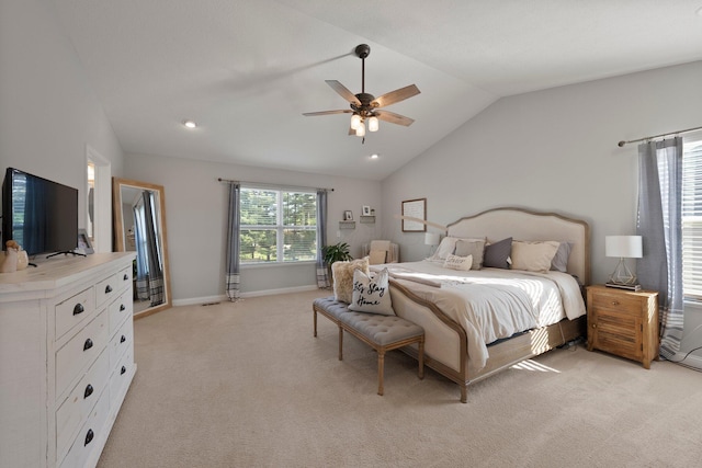 bedroom featuring ceiling fan, baseboards, lofted ceiling, light carpet, and recessed lighting