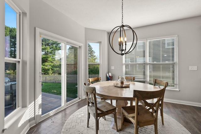 dining room with baseboards, a notable chandelier, and hardwood / wood-style floors