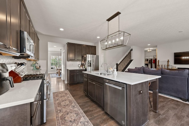 kitchen featuring dark brown cabinets, appliances with stainless steel finishes, a sink, open floor plan, and dark wood-style floors