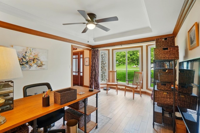 9127 Red Cedar Dr, West Chester, OH 45069 - office space with a raised ceiling, ceiling fan, ornamental molding, and light wood-style flooring