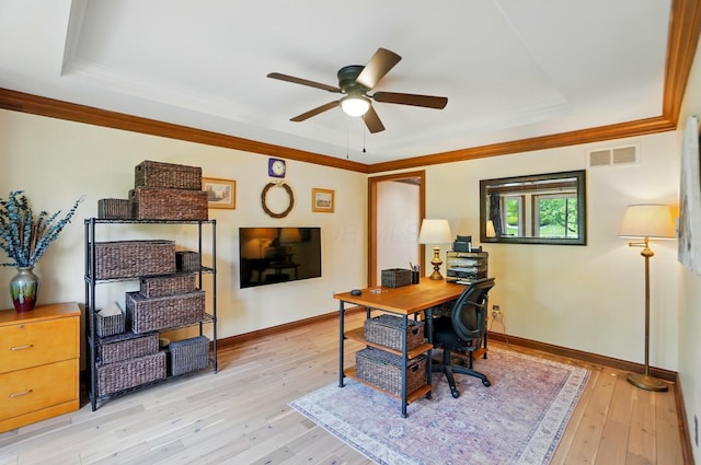 9127 Red Cedar Dr, West Chester, OH 45069 - office with a ceiling fan, baseboards, light wood-type flooring, a tray ceiling, and visible vents
