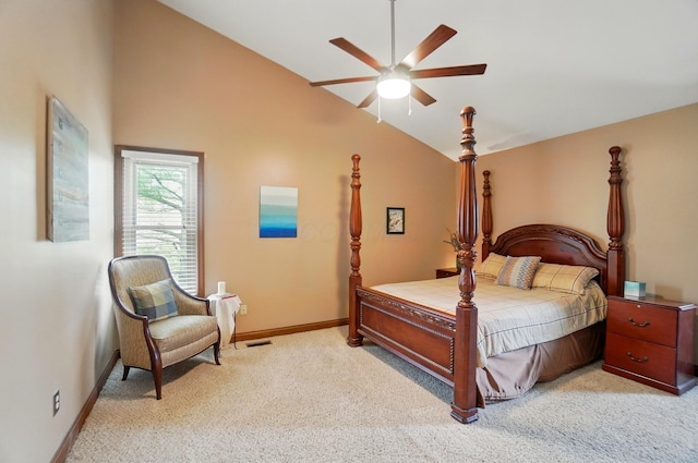 9127 Red Cedar Dr, West Chester, OH 45069 - bedroom featuring ceiling fan, light colored carpet, visible vents, baseboards, and vaulted ceiling
