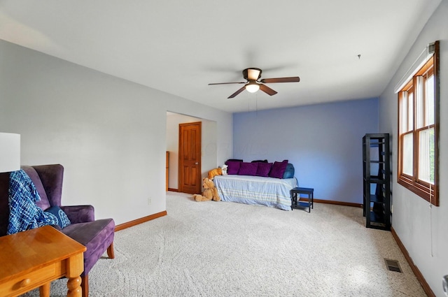 9127 Red Cedar Dr, West Chester, OH 45069 - bedroom with visible vents, baseboards, carpet floors, and ceiling fan