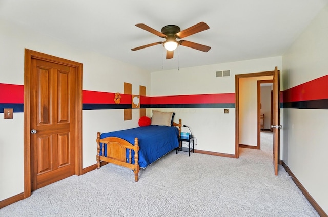9127 Red Cedar Dr, West Chester, OH 45069 - bedroom with carpet flooring, baseboards, visible vents, and ceiling fan