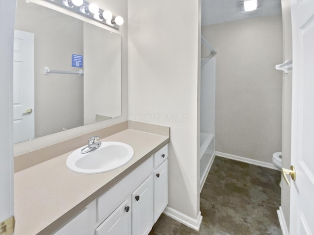 full bath with vanity, baseboards, toilet, and shower / tub combination