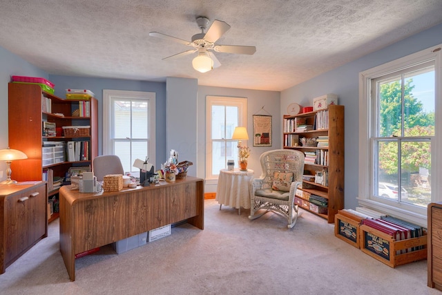 carpeted office space featuring plenty of natural light, a ceiling fan, and a textured ceiling