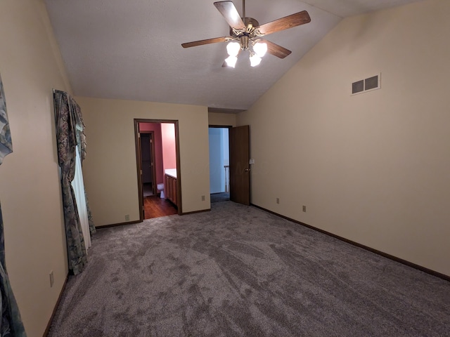 1564 Hocking Valley Pl, Lancaster, OH 43130 - unfurnished bedroom featuring carpet flooring, lofted ceiling, ensuite bath, and a ceiling fan