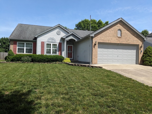 1564 Hocking Valley Pl, Lancaster, OH 43130 - ranch-style home featuring brick siding, driveway, an attached garage, and a front yard