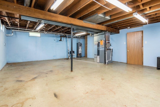 unfinished basement featuring heating unit and water heater