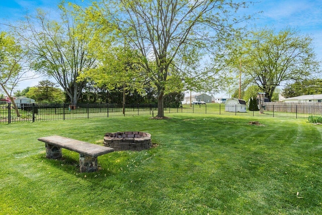 view of yard featuring a fenced backyard and an outdoor fire pit