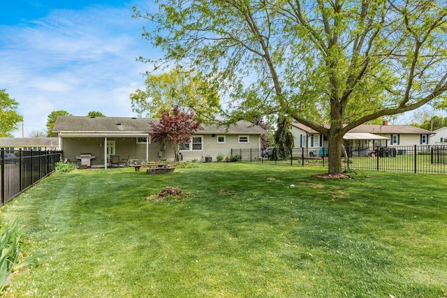 view of yard with a fenced backyard and a patio area