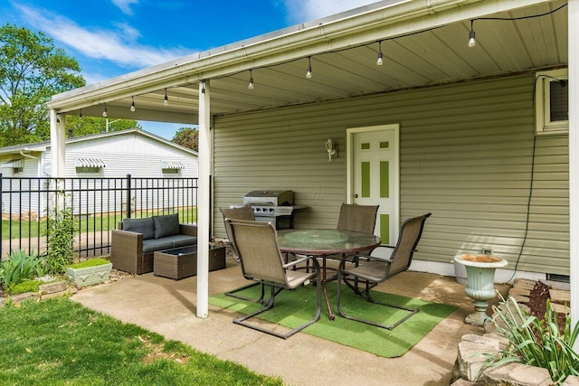 view of patio / terrace with fence, outdoor dining area, a grill, and outdoor lounge area