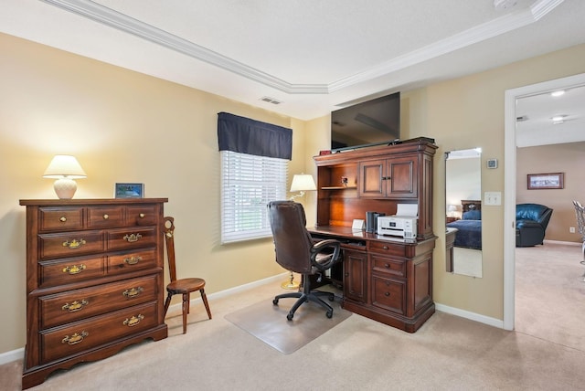 office space with crown molding, light carpet, and visible vents
