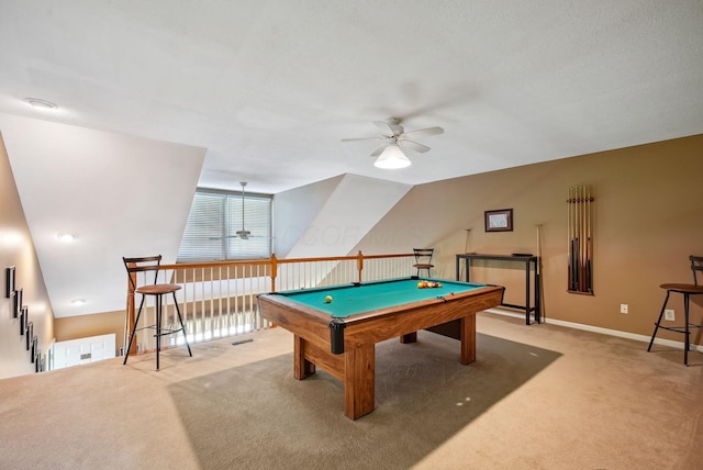 recreation room featuring carpet flooring, a ceiling fan, baseboards, and billiards