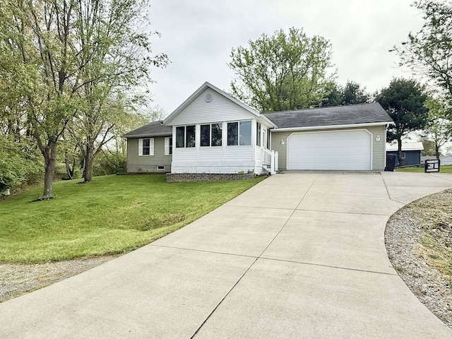 ranch-style house with roof with shingles, a garage, crawl space, a front yard, and concrete driveway