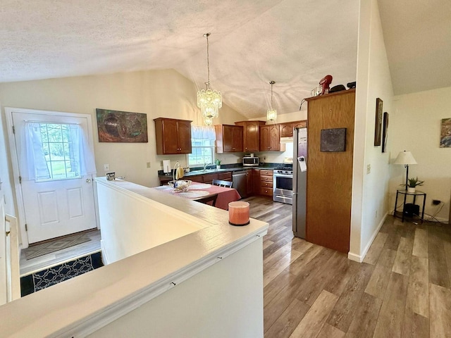 kitchen featuring hanging light fixtures, a sink, light wood finished floors, stainless steel appliances, and lofted ceiling
