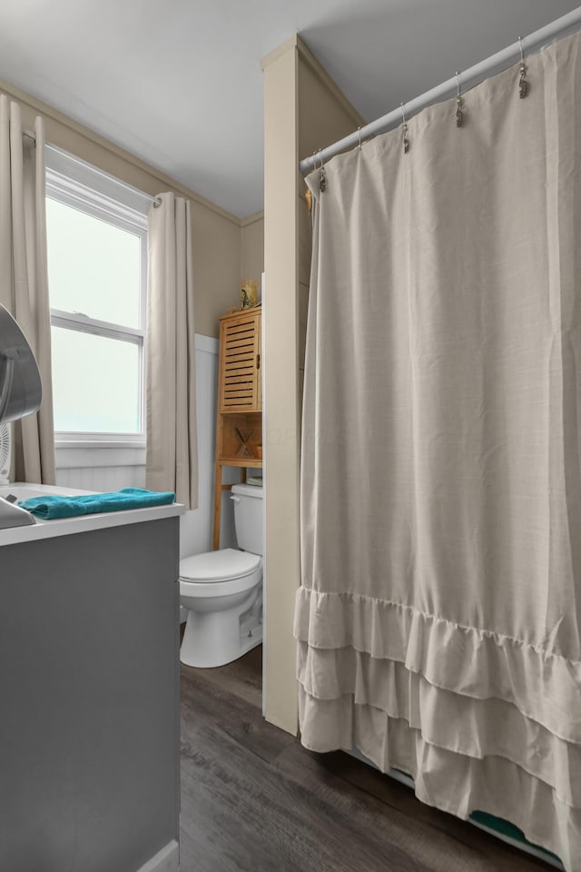 bathroom featuring wood finished floors and toilet