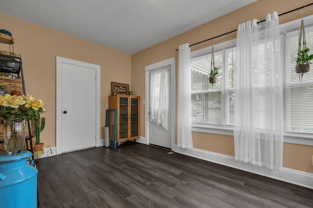 entryway with baseboards and dark wood-style floors
