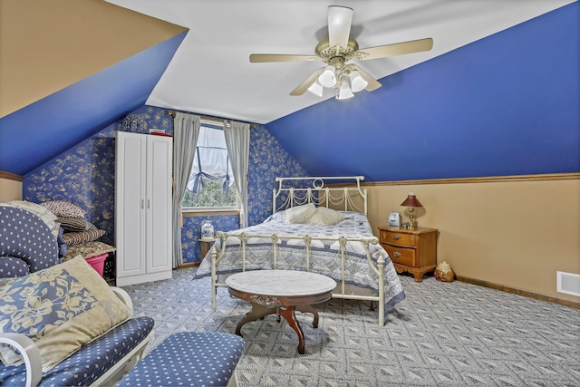 3615 Dragoo Rd, Nashport, OH 43830 - bedroom with baseboards, a ceiling fan, carpet floors, and lofted ceiling