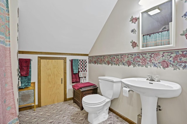 3615 Dragoo Rd, Nashport, OH 43830 - bathroom featuring a wainscoted wall, toilet, and lofted ceiling