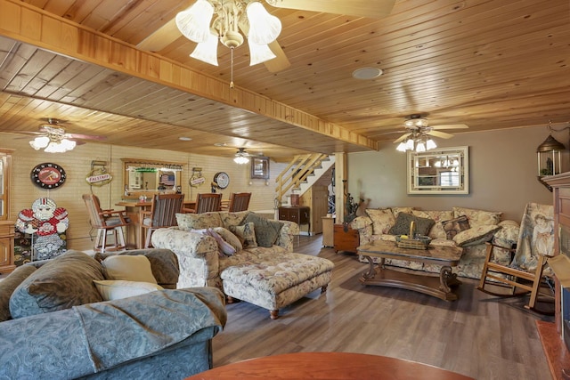3615 Dragoo Rd, Nashport, OH 43830 - living area featuring stairs, ceiling fan, wood finished floors, and wooden ceiling