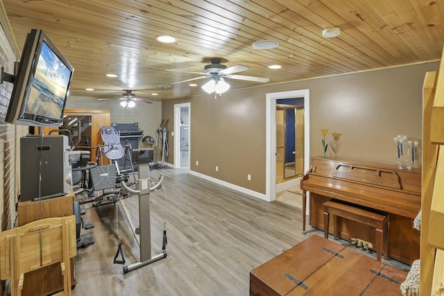 3615 Dragoo Rd, Nashport, OH 43830 - exercise area with a ceiling fan, baseboards, recessed lighting, wood finished floors, and wood ceiling