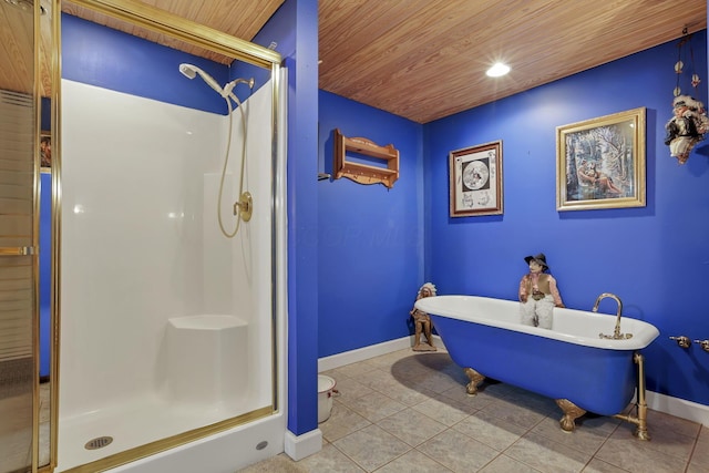 3615 Dragoo Rd, Nashport, OH 43830 - bathroom with tile patterned flooring, baseboards, wooden ceiling, and a shower stall