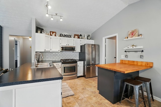 4969 Shannonbrook Dr, Columbus, OH 43221 - kitchen featuring a sink, stainless steel appliances, a peninsula, and lofted ceiling