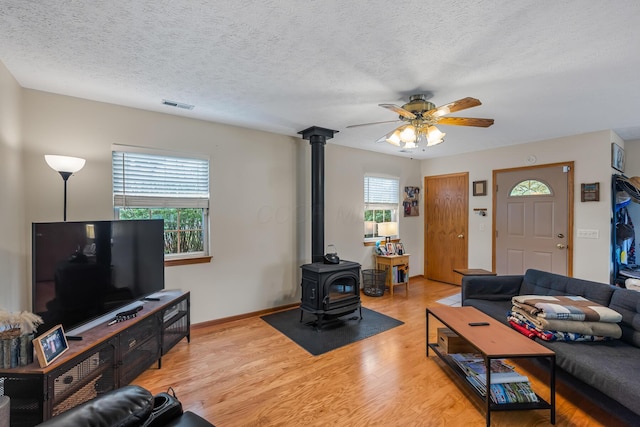 living area with visible vents, a wood stove, ceiling fan, a textured ceiling, and light wood-style flooring