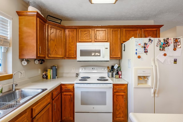 kitchen featuring white appliances, brown cabinetry, a sink, and light countertops