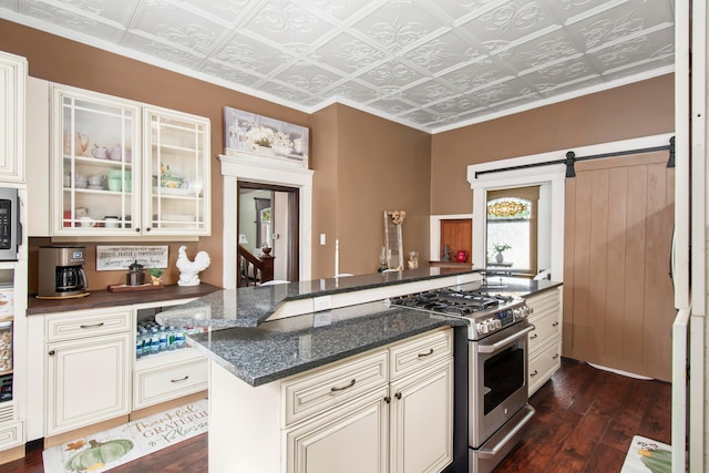 6 Town St, Pataskala, OH 43062 - kitchen with appliances with stainless steel finishes, an ornate ceiling, dark wood-style flooring, glass insert cabinets, and a barn door