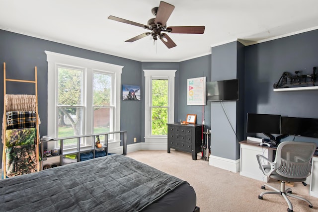 6 Town St, Pataskala, OH 43062 - bedroom with light colored carpet, baseboards, ornamental molding, a desk, and a ceiling fan