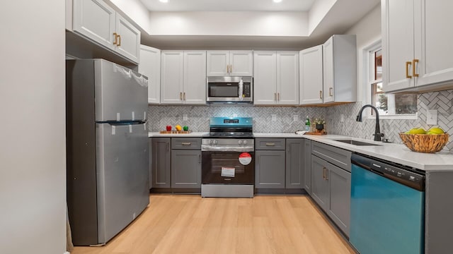 502 Hamilton Ave, Columbus, OH 43203 - kitchen featuring appliances with stainless steel finishes, gray cabinetry, a sink, light wood-style floors, and light countertops