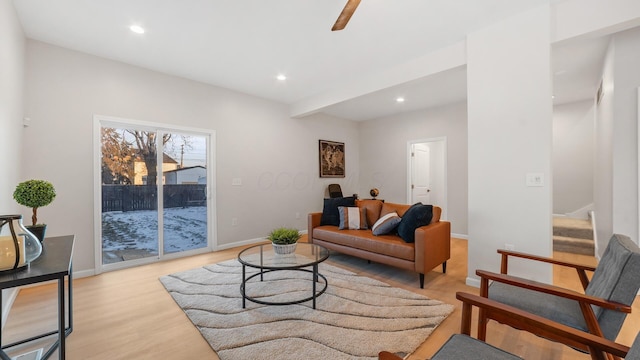 502 Hamilton Ave, Columbus, OH 43203 - living area with light wood-type flooring, stairway, recessed lighting, baseboards, and a ceiling fan