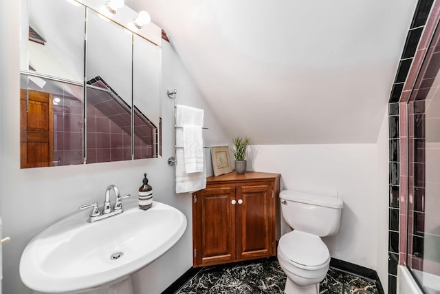 bathroom with a sink, toilet, marble finish floor, an enclosed shower, and vaulted ceiling