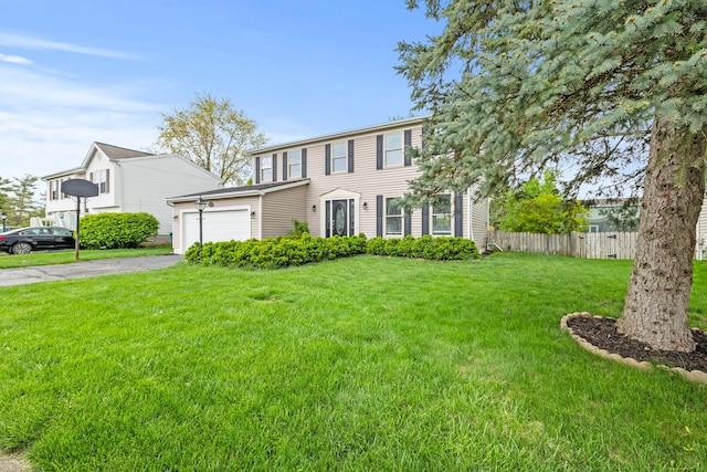 view of front facade with aphalt driveway, an attached garage, fence, and a front lawn