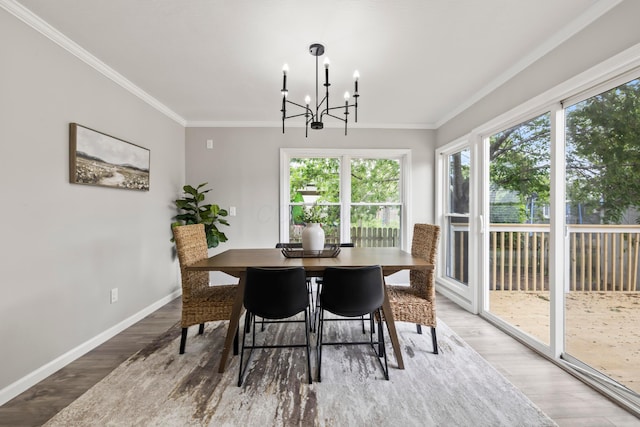 dining room with an inviting chandelier, ornamental molding, baseboards, and wood finished floors