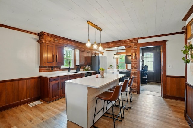 kitchen with freestanding refrigerator, a wealth of natural light, and a wainscoted wall