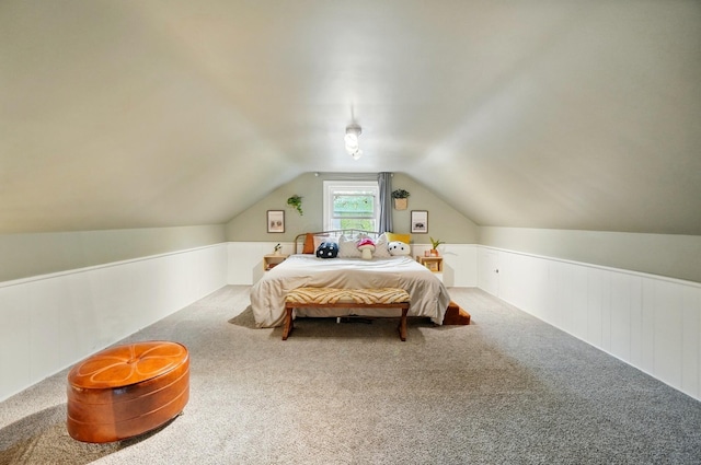 bedroom featuring lofted ceiling, wainscoting, and carpet