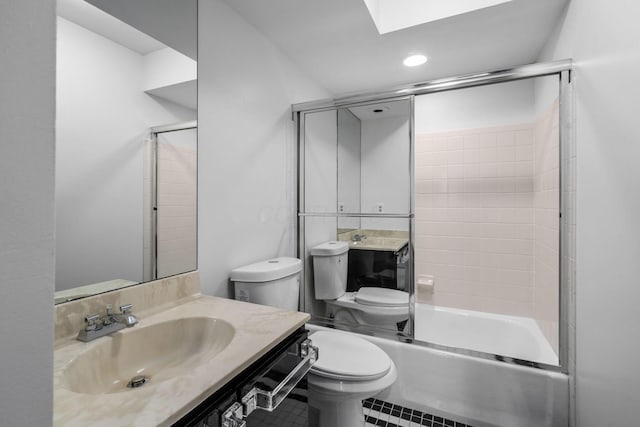 1624 Coppertree Ln, Columbus, OH 43232 - bathroom with a skylight, toilet, tile patterned floors, recessed lighting, and shower / washtub combination